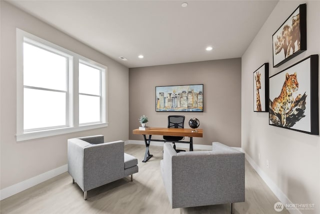 office area featuring visible vents, recessed lighting, light wood-style floors, and baseboards