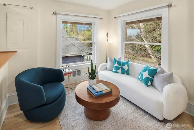 sitting room with electric panel, baseboards, plenty of natural light, and wood finished floors