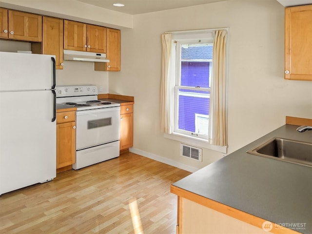 kitchen featuring light wood finished floors, visible vents, baseboards, under cabinet range hood, and white appliances