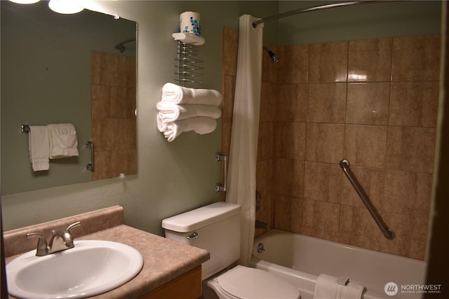 full bath with toilet, shower / bath combo with shower curtain, and vanity