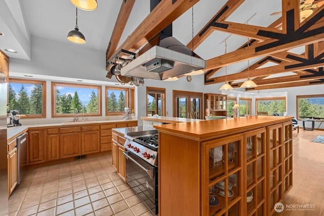 kitchen featuring a sink, beamed ceiling, appliances with stainless steel finishes, and exhaust hood