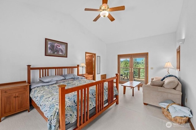 bedroom featuring access to exterior, french doors, high vaulted ceiling, and ceiling fan