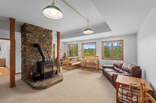 carpeted living area featuring a tray ceiling, a wood stove, and baseboards