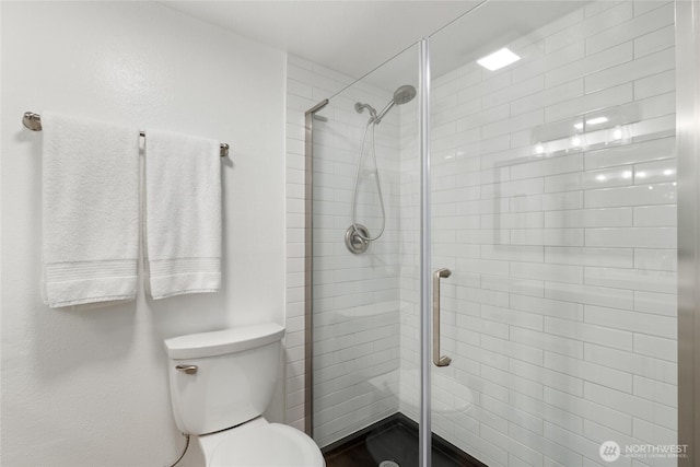 full bathroom featuring a shower stall and toilet