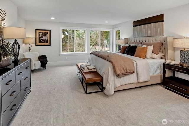 bedroom featuring recessed lighting, baseboards, and light carpet