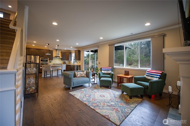 living room with crown molding, stairway, recessed lighting, and dark wood-style floors