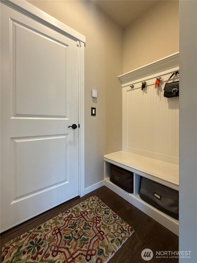 mudroom featuring baseboards and dark wood-style floors