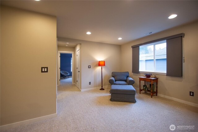 sitting room with recessed lighting, baseboards, visible vents, and carpet floors