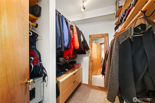 walk in closet featuring light carpet