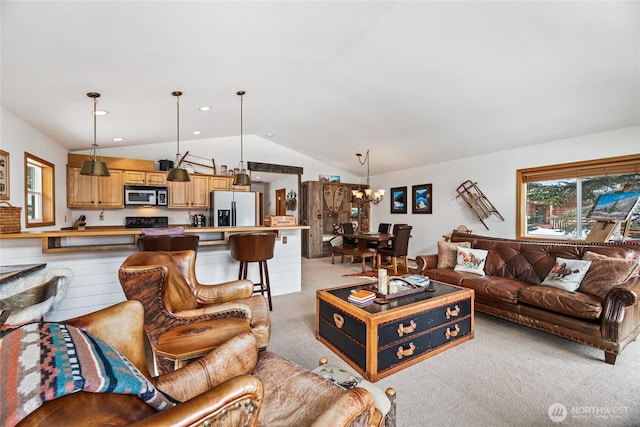 living area with recessed lighting, light carpet, an inviting chandelier, and vaulted ceiling