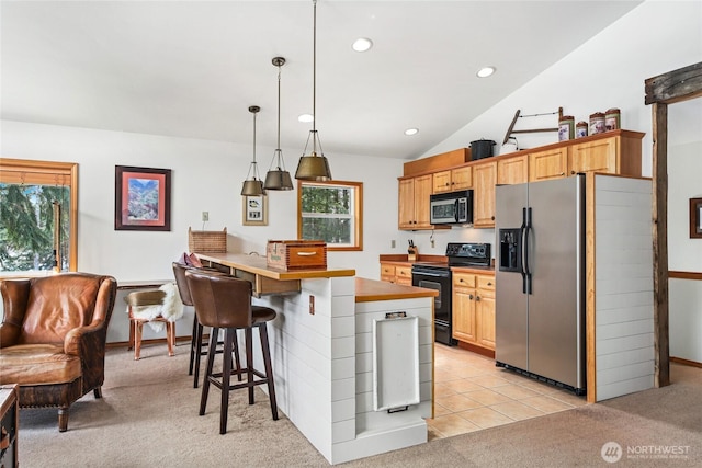 kitchen with a kitchen bar, light carpet, stainless steel refrigerator with ice dispenser, black range with electric cooktop, and lofted ceiling