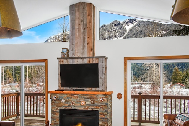 living area featuring a fireplace