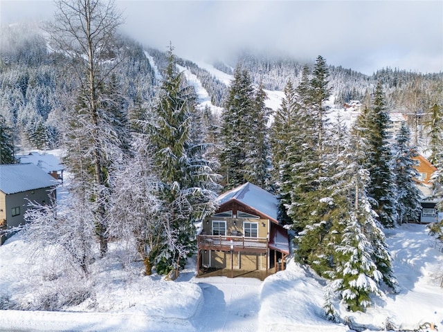 snowy aerial view featuring a forest view