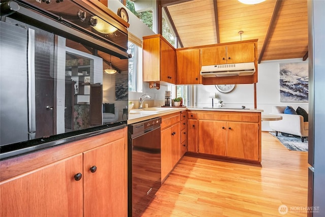 kitchen with black appliances, light wood-style flooring, under cabinet range hood, wood ceiling, and vaulted ceiling with beams