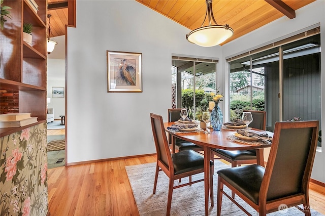 dining space with baseboards, wood finished floors, wooden ceiling, and vaulted ceiling