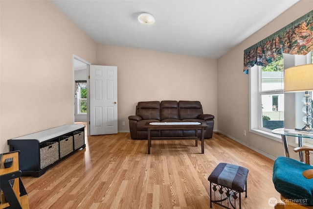 living area featuring baseboards, light wood-style floors, and a healthy amount of sunlight