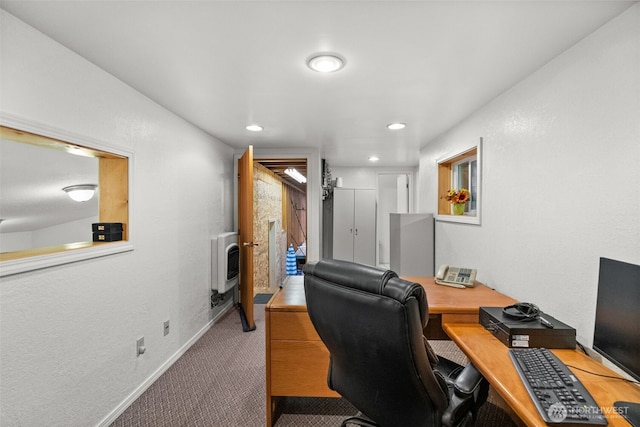 office area featuring heating unit, carpet flooring, recessed lighting, and baseboards