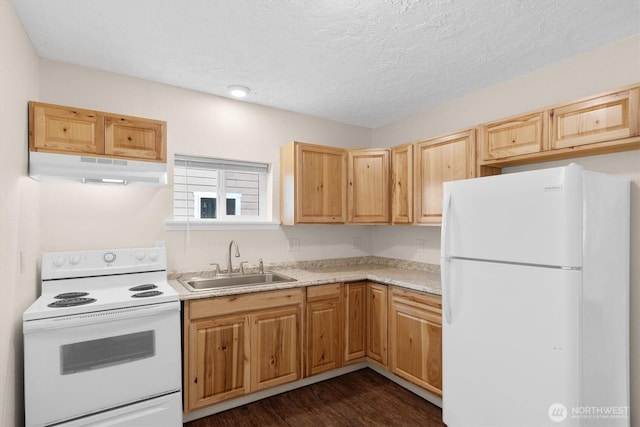 kitchen featuring under cabinet range hood, light countertops, white appliances, a textured ceiling, and a sink