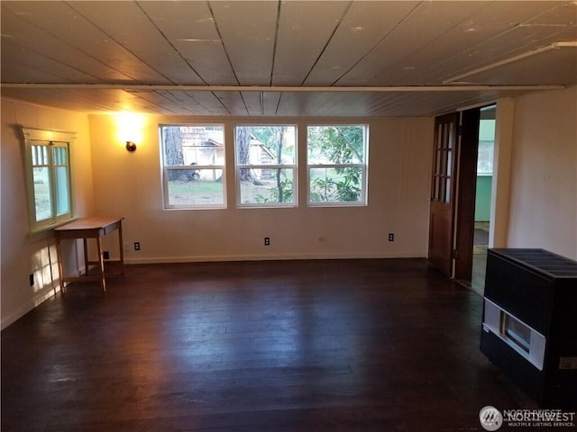 unfurnished living room with dark wood-style floors, wooden ceiling, and baseboards