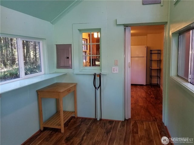 corridor with electric panel, wood finished floors, and vaulted ceiling