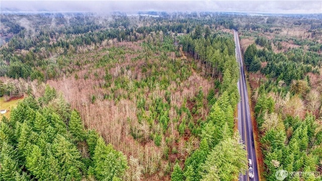 birds eye view of property featuring a wooded view