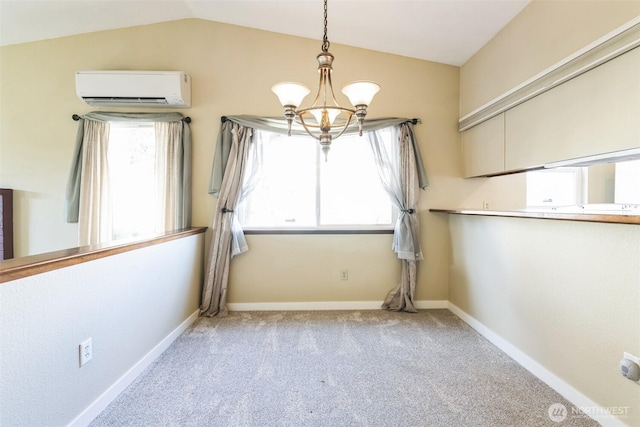 unfurnished dining area featuring baseboards, carpet floors, vaulted ceiling, a notable chandelier, and a wall mounted AC