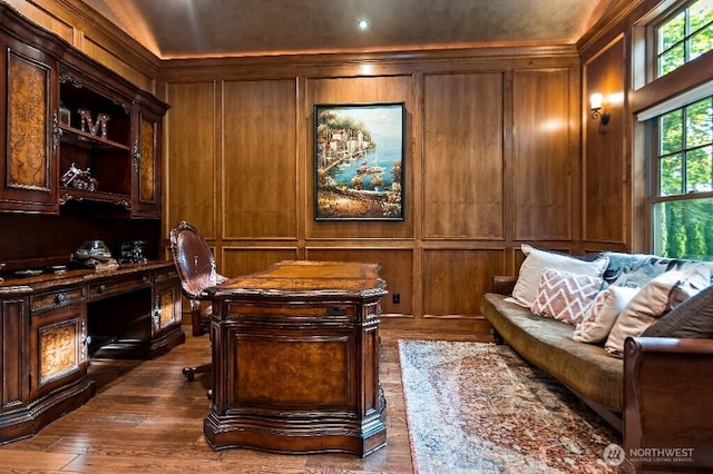 office area with dark wood-style floors, a decorative wall, and wood walls