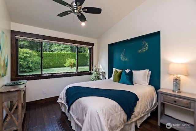 bedroom featuring baseboards, lofted ceiling, recessed lighting, hardwood / wood-style flooring, and a ceiling fan