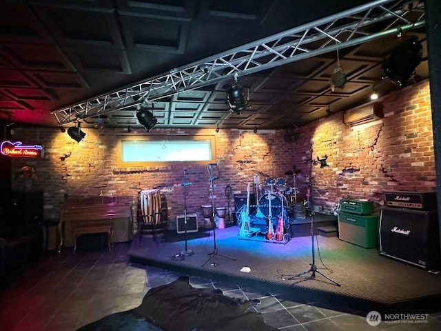 bar with an AC wall unit and brick wall