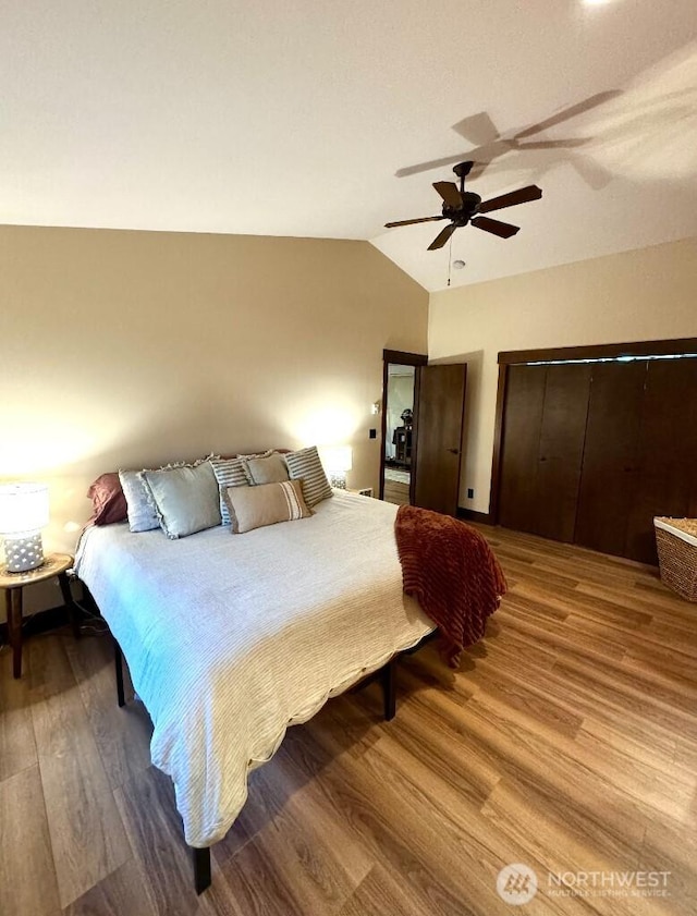 bedroom featuring wood finished floors, ceiling fan, and vaulted ceiling