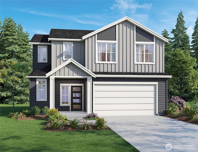 view of front of house with a front yard, a garage, board and batten siding, and concrete driveway