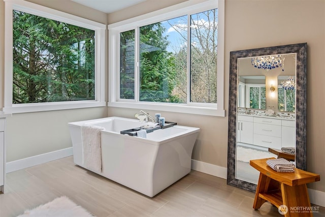 full bath featuring plenty of natural light, a freestanding bath, vanity, and baseboards