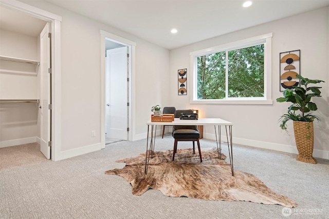 office area with carpet flooring, recessed lighting, and baseboards