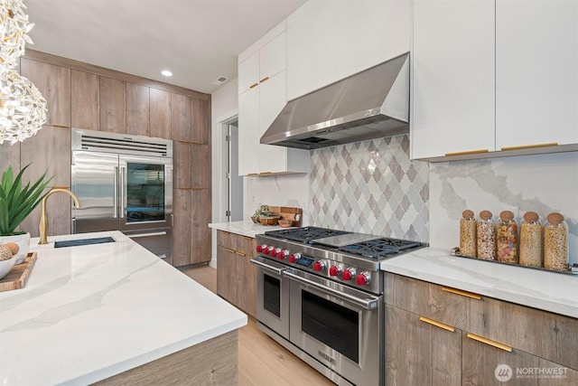 kitchen with high quality appliances, modern cabinets, a sink, backsplash, and wall chimney exhaust hood