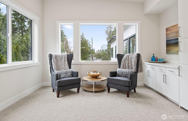 sitting room featuring light colored carpet and baseboards