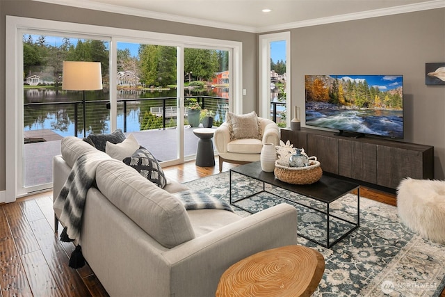 living room with wood-type flooring and ornamental molding