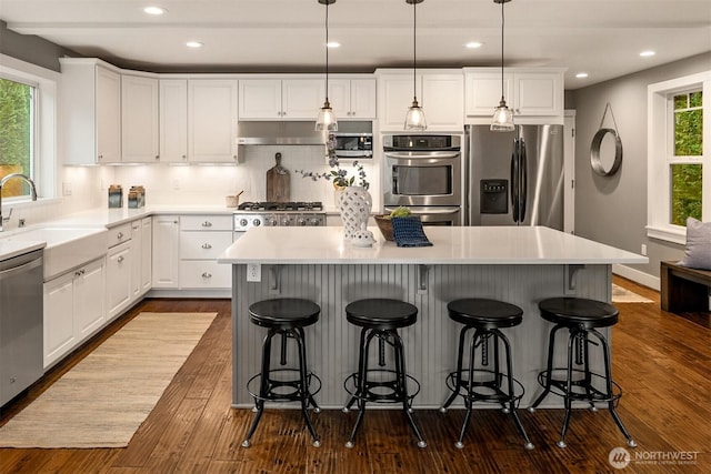 kitchen with dark wood-type flooring, white cabinets, appliances with stainless steel finishes, and a sink