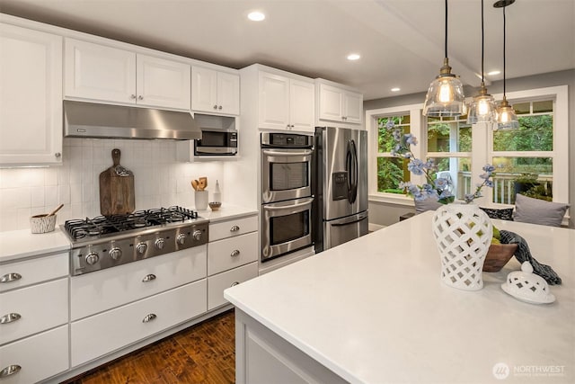 kitchen with under cabinet range hood, tasteful backsplash, stainless steel appliances, white cabinets, and light countertops