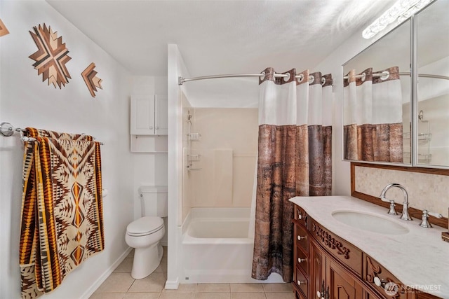 full bath with tile patterned flooring, shower / tub combo, toilet, and vanity