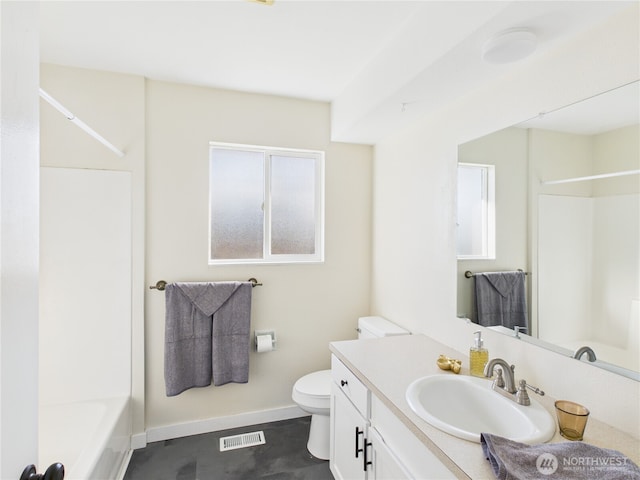 bathroom featuring visible vents, toilet, vanity, and baseboards