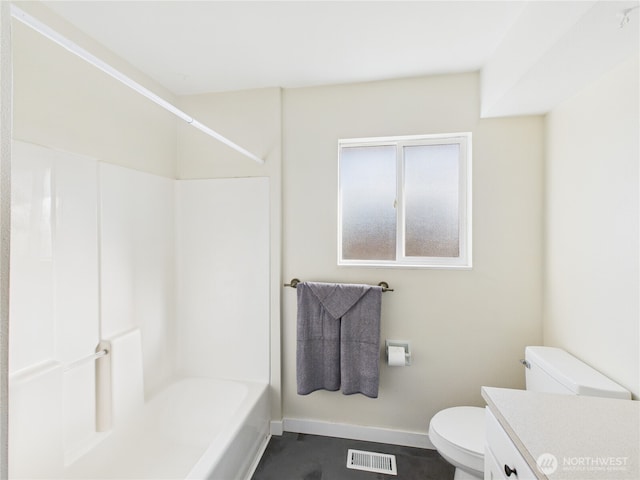 bathroom with visible vents, toilet, shower / washtub combination, baseboards, and vanity