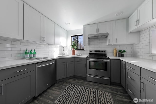 kitchen featuring under cabinet range hood, gray cabinets, stainless steel appliances, and a sink