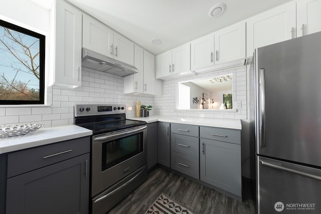 kitchen with under cabinet range hood, light countertops, decorative backsplash, gray cabinets, and stainless steel appliances