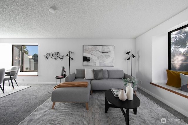 carpeted living room with baseboards and a textured ceiling