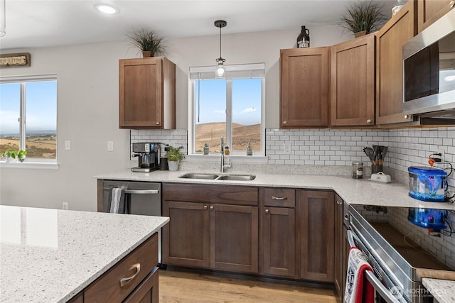 kitchen featuring a sink, light wood-type flooring, appliances with stainless steel finishes, and a wealth of natural light