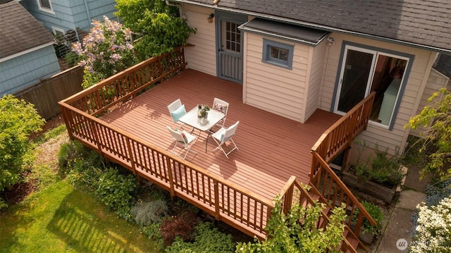 10538 Evanston Ave N, Seattle, WA 98133 - wooden terrace with stairway and outdoor dining space
