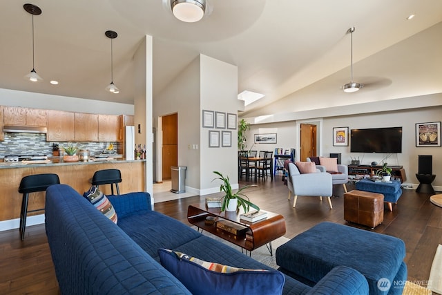 living area featuring dark wood-type flooring, baseboards, and high vaulted ceiling