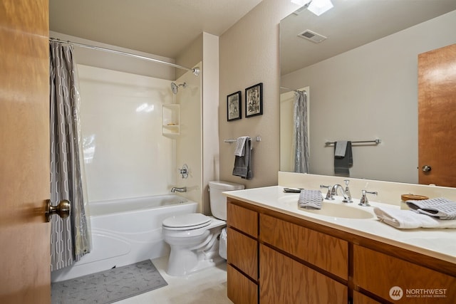 bathroom with vanity, toilet, shower / bathtub combination with curtain, and visible vents