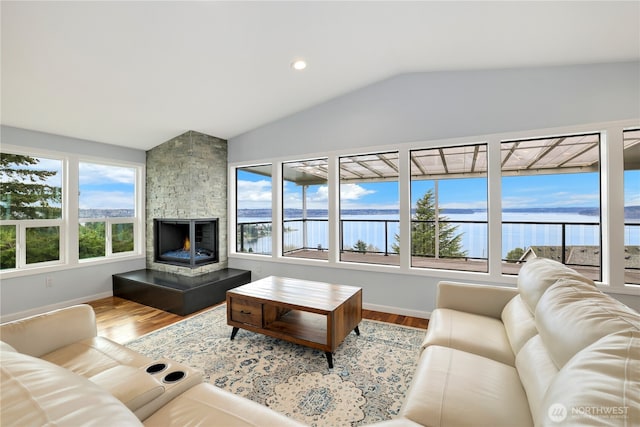 living area with lofted ceiling, plenty of natural light, and wood finished floors