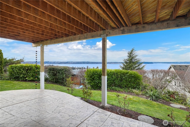 view of patio / terrace featuring a water view